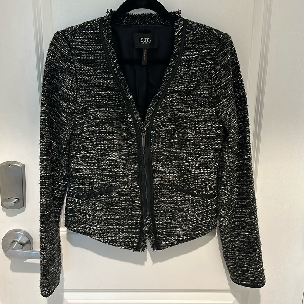 BCBG black tweed zip front blazer, size 8
